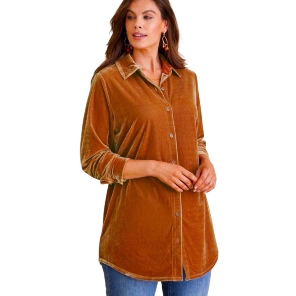 Soft Surroundings Velvet Boyfriend Tunic Shirt Button Front Long Sleeve Orange L